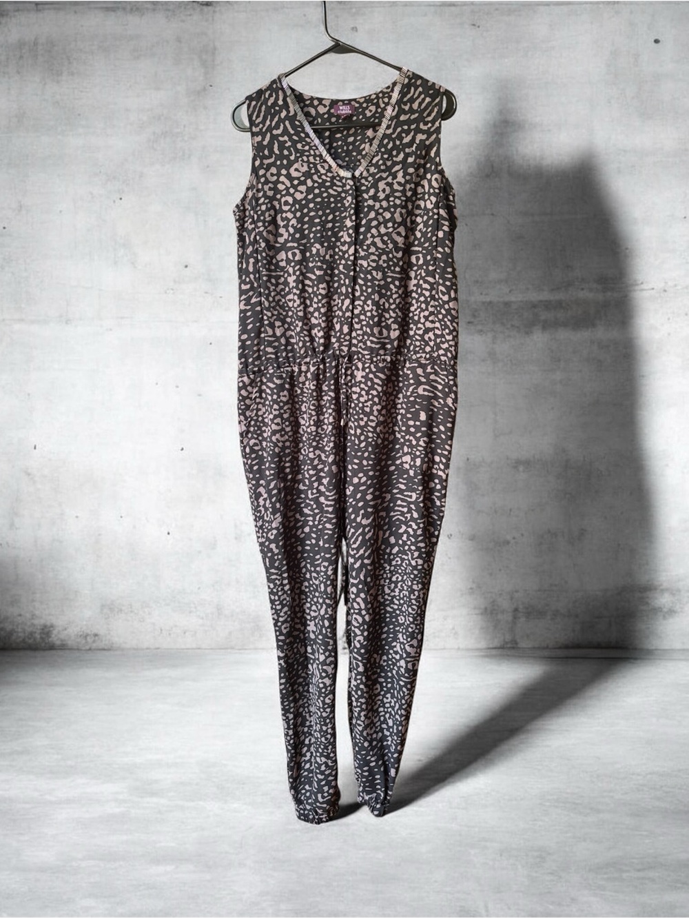 Wills Sleeveless Printed Jumpsuit in Taupe and Black Leopard Print